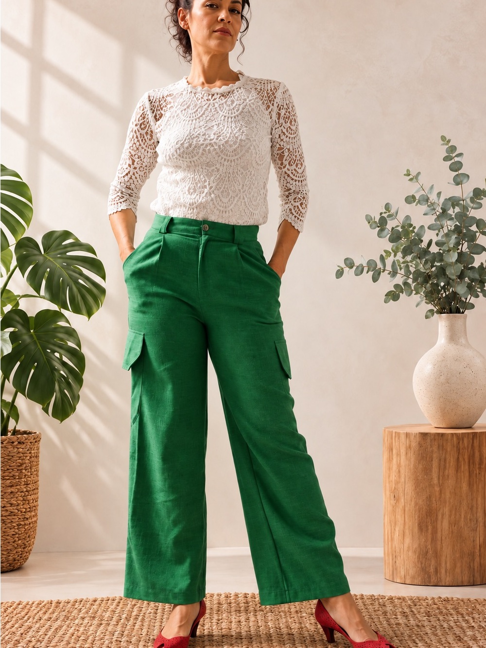 Wide-Leg dress Cargo Pants in Green